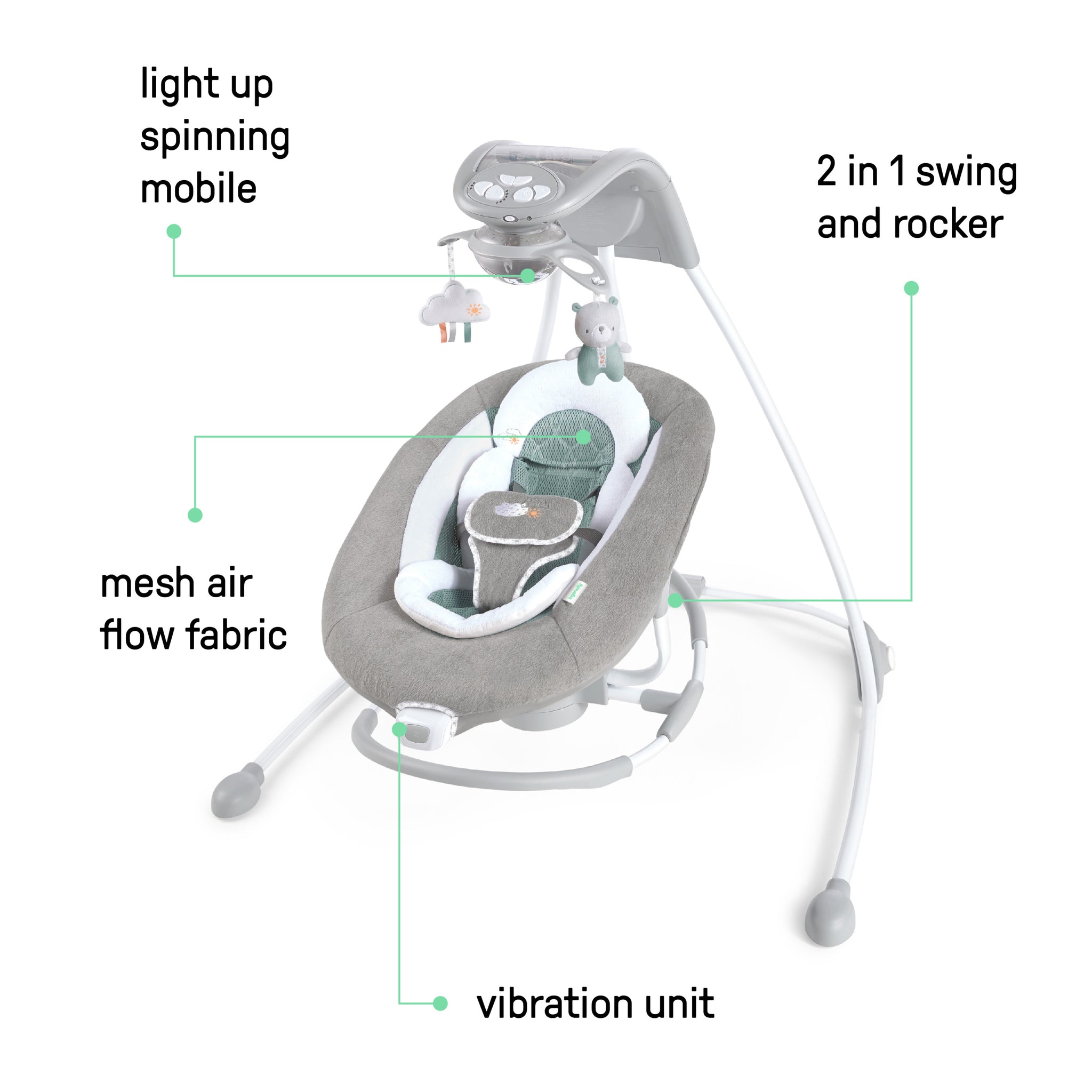 Ingenuity InLighten 2 in 1 Baby Swing Rocker with Cool Mesh Pemberton