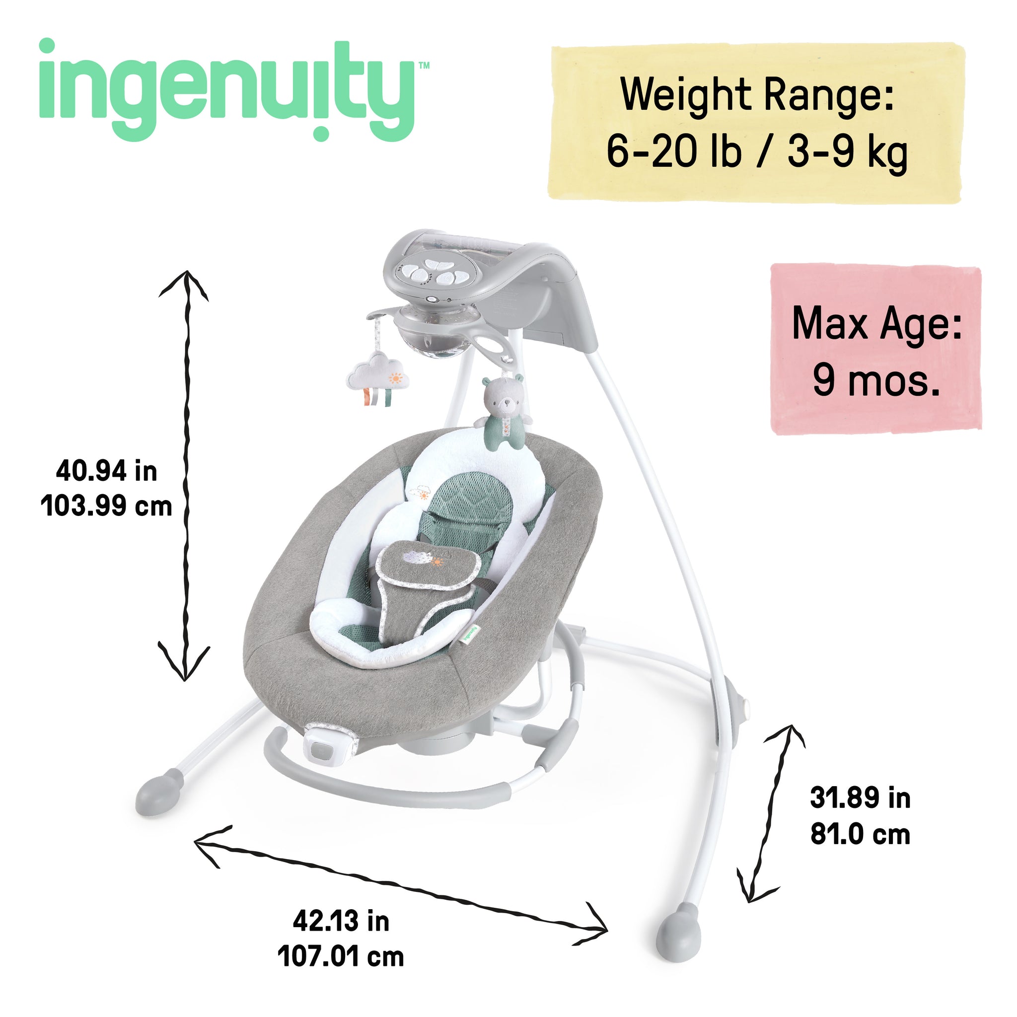 Ingenuity InLighten 2 in 1 Baby Swing Rocker with Cool Mesh Pemberton